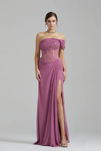 One Shoulder Prom Dress Beaded Corset Ruched High Slit Evening Dress Formal Gown Ms2609046