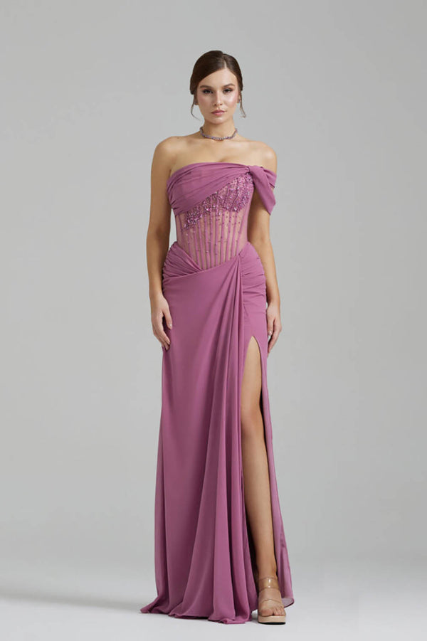 One Shoulder Prom Dress Beaded Corset Ruched High Slit Evening Dress Formal Gown Ms2609046