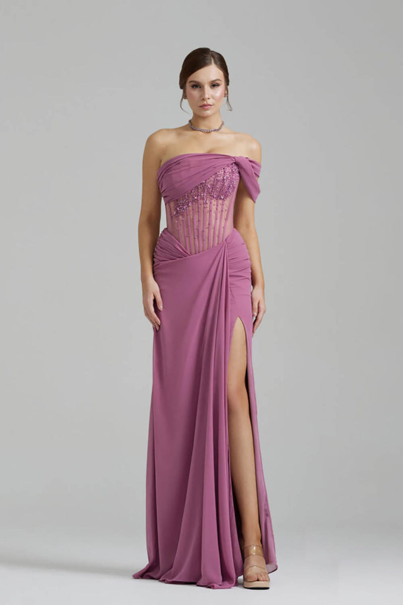 One Shoulder Prom Dress Beaded Corset Ruched High Slit Evening Dress Formal Gown Ms2609046