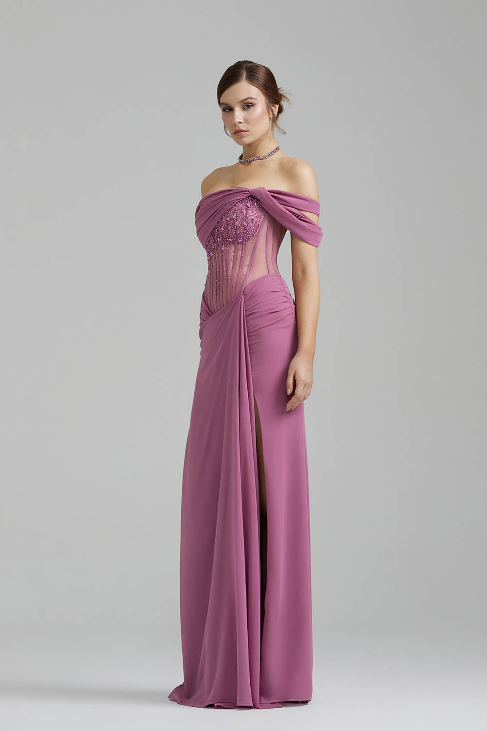 One Shoulder Prom Dress Beaded Corset Ruched High Slit Evening Dress Formal Gown Ms2609046