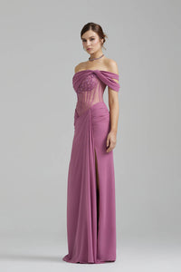 One Shoulder Prom Dress Beaded Corset Ruched High Slit Evening Dress Formal Gown Ms2609046