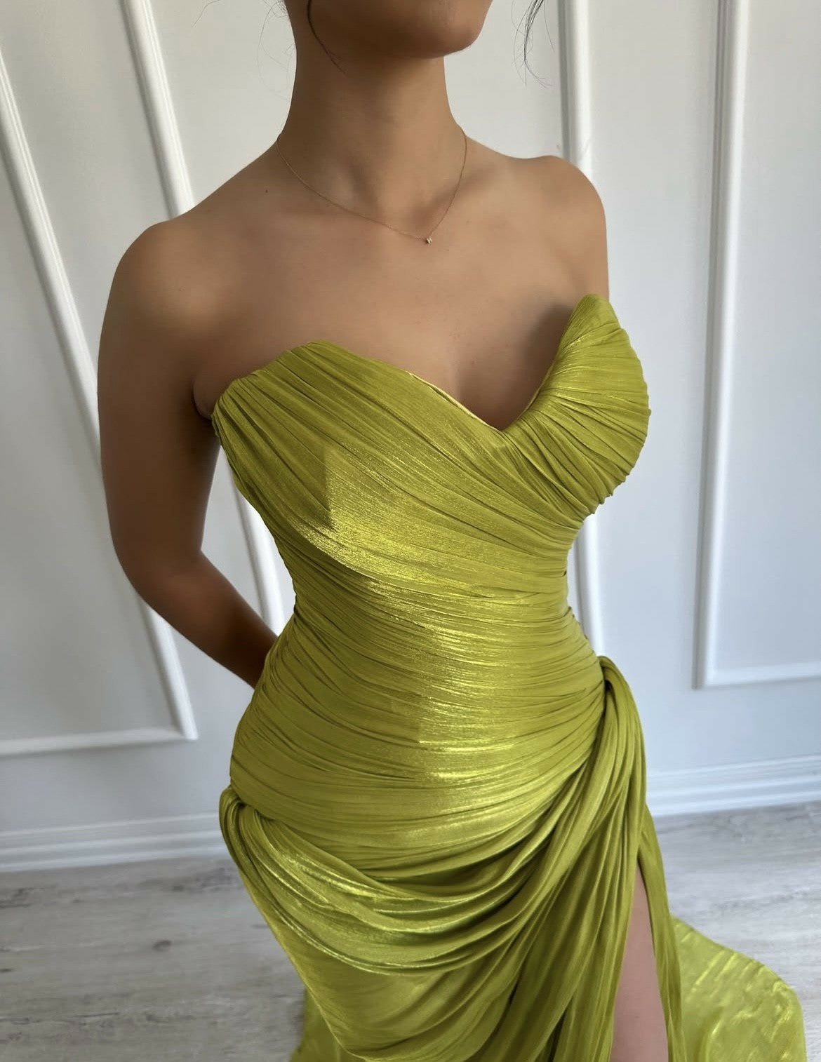 Olive Green Strapless Ruched Evening Dress High Slit Draped Prom Dress Ms2604225