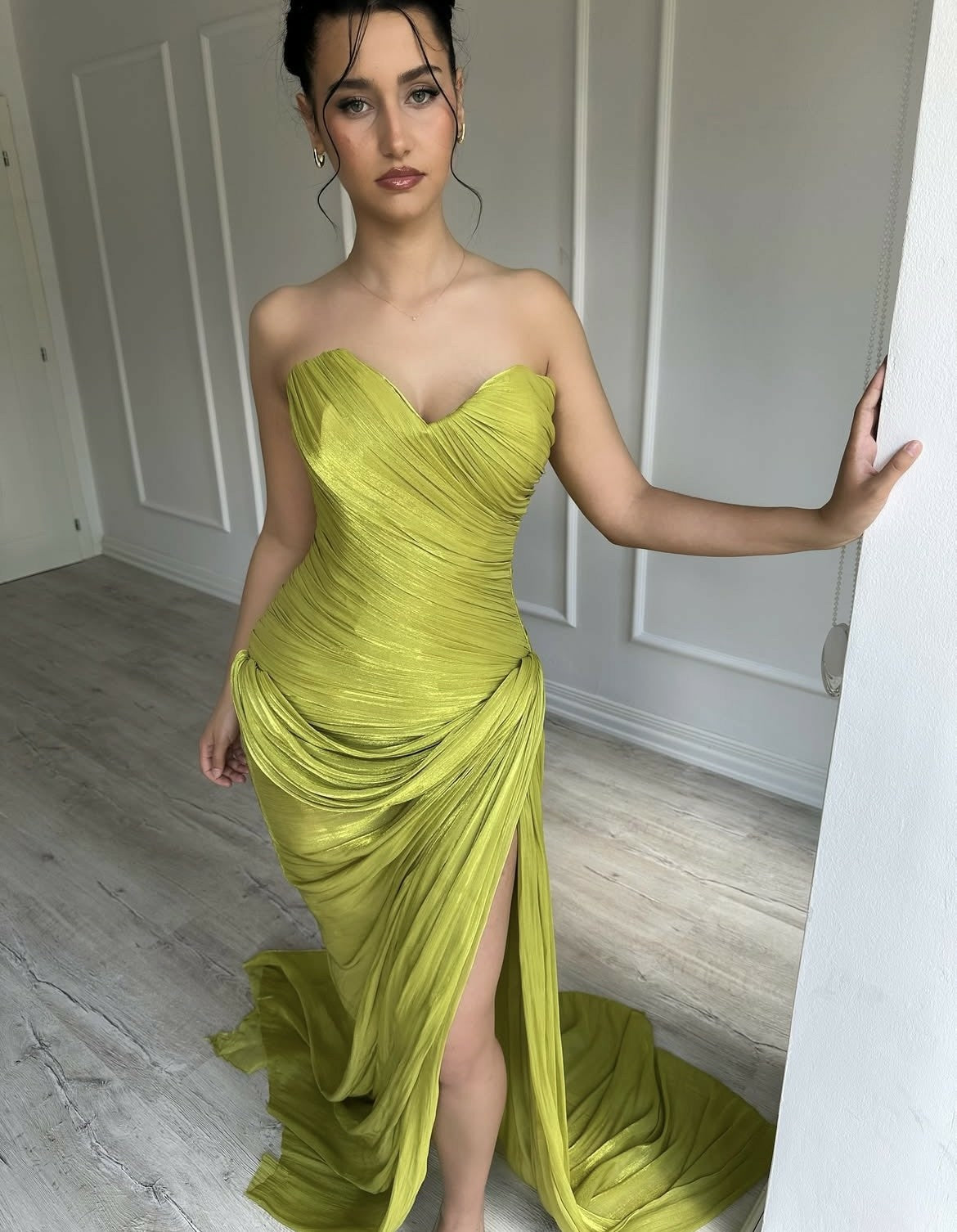 Olive Green Strapless Ruched Evening Dress High Slit Draped Prom Dress Ms2604225