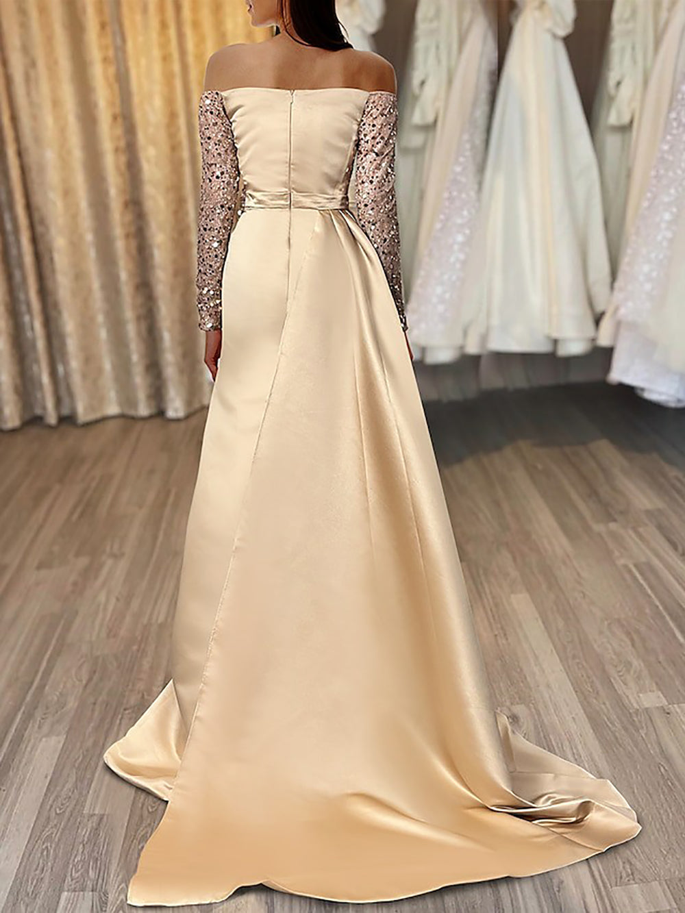 Sequin Long Sleeve Prom Dress Off Shoulder Satin Slit Party Gown Mermaid Evening Dress Ms205111