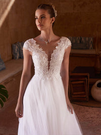 Langärmelige Brautkleider für die Braut, Brautkleider mit V-Ausschnitt, Spitzentüll, Brautkleider für Frauen mit Schleppe