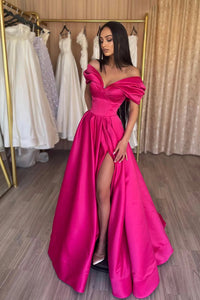 Off Shoulder Satin Prom Gown 2025 Slit Formal Prom Dress Evening Party Dress Ms2505082