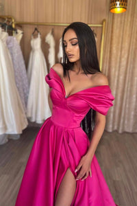 Off Shoulder Satin Prom Gown 2025 Slit Formal Prom Dress Evening Party Dress Ms2505082