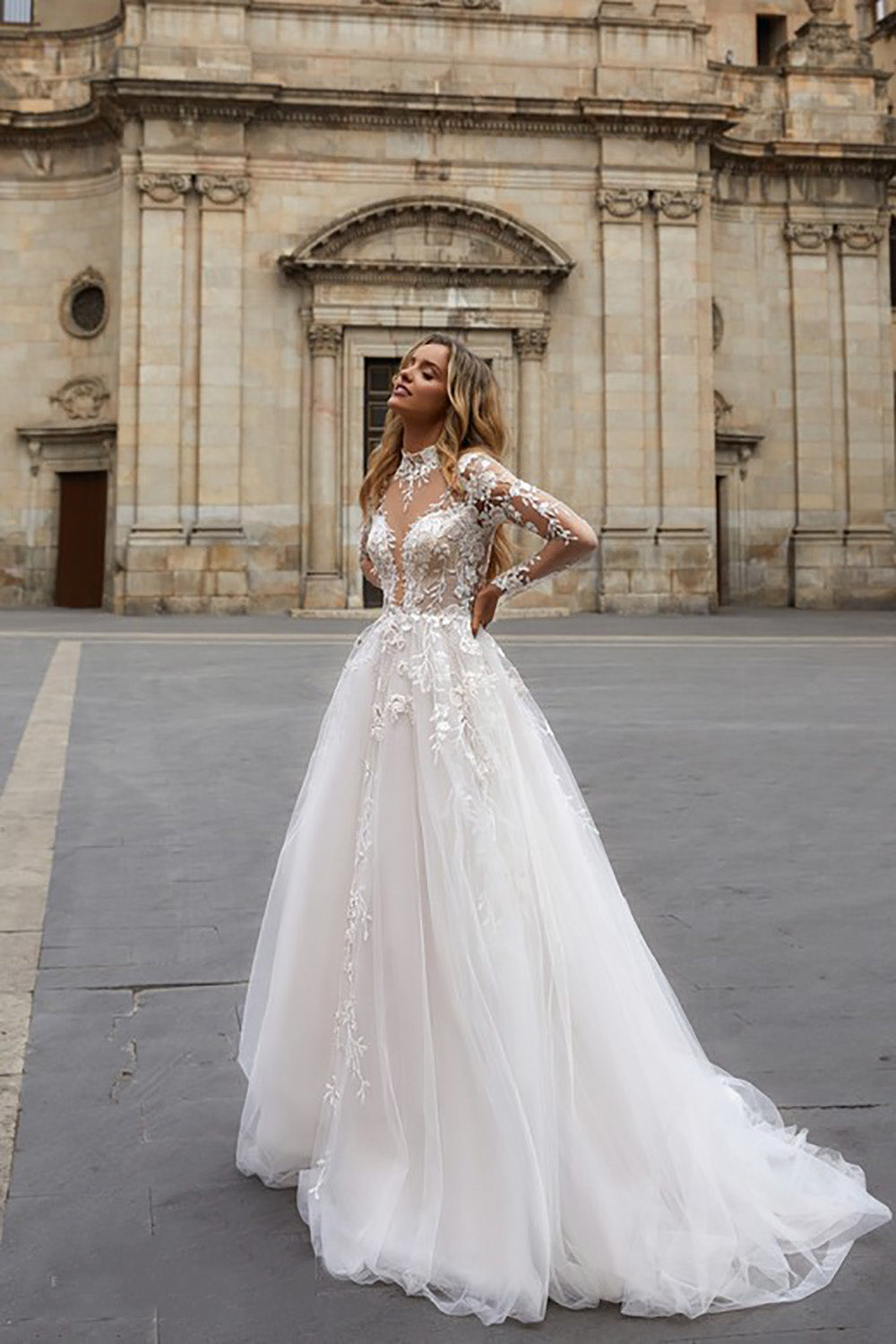 Long Sleeve Wedding Dresses Lace Appliques High Neck A Line Tulle Bridal Gown Ms260271