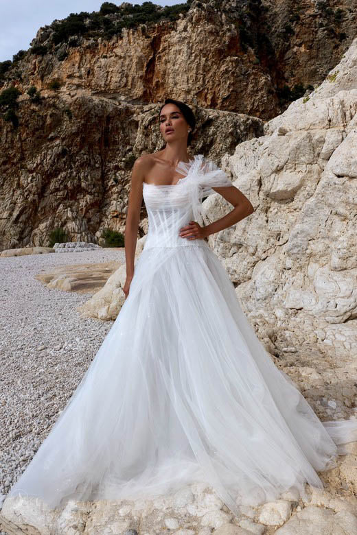 one shoulder tulle wedding dress One-Shoulder Sweetheart Neckline All-Over Lace A-Line Wedding Dress