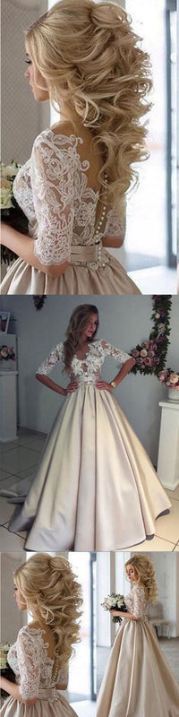 Lace Appliques Satin Ball Gown Wedding Dress Half Sleeves Vintage Bridal Gown Ms2601241