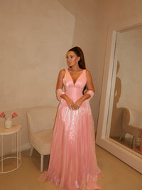 Shimmer Pleated Prom Dress Deep V Neck Corset Formal Evening Gown with Scarf Ms2604147