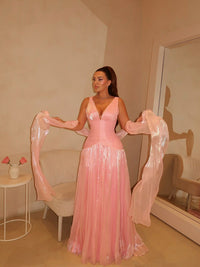 Shimmer Pleated Prom Dress Deep V Neck Corset Formal Evening Gown with Scarf Ms2604147