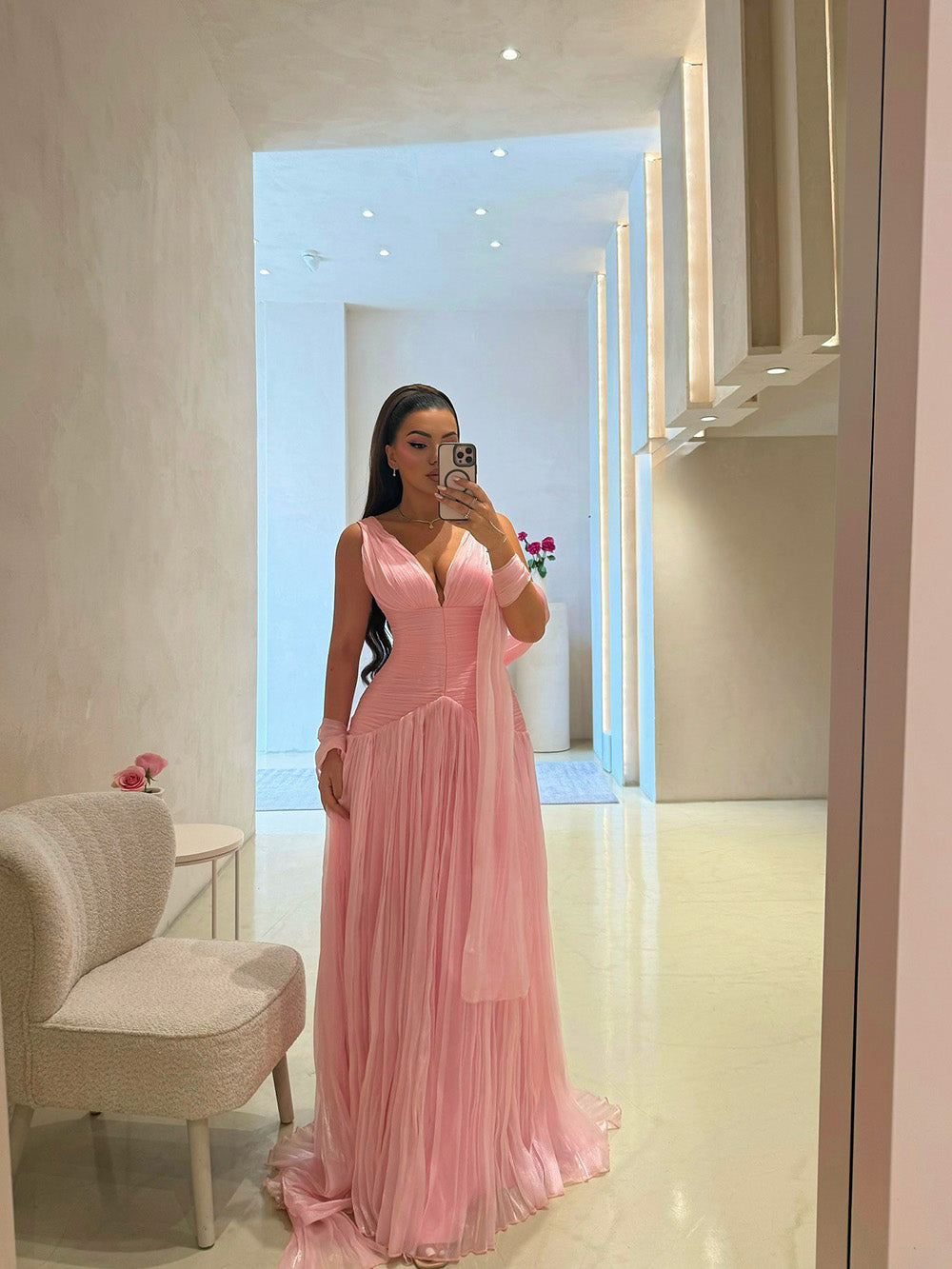 Shimmer Pleated Prom Dress Deep V Neck Corset Formal Evening Gown with Scarf Ms2604147