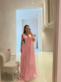 Shimmer Pleated Prom Dress Deep V Neck Corset Formal Evening Gown with Scarf Ms2604147