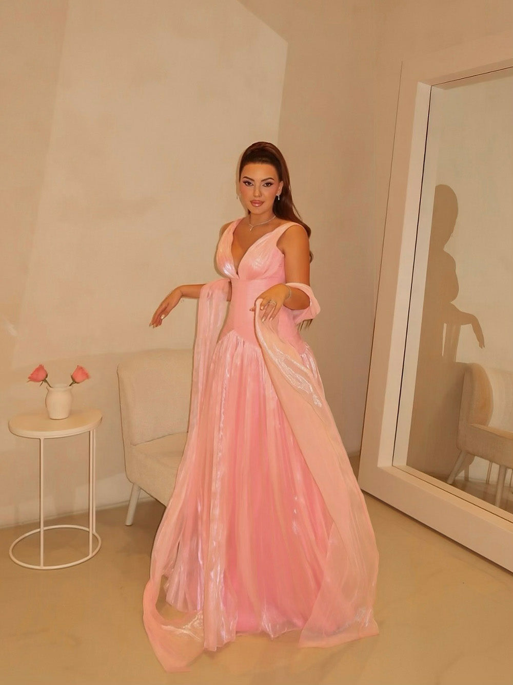 Shimmer Pleated Prom Dress Deep V Neck Corset Formal Evening Gown with Scarf Ms2604147