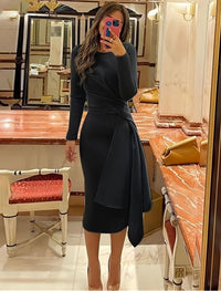 Long Sleeve Formal Dress Asymmetrical Draped Midi Prom Dress Office Cocktail Dress Ms2505085