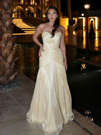 Champagne Strapless Ruched Prom Dress Pleated Evening Gown for Formal Events Ms2604185