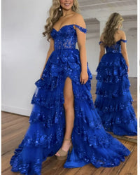 Sequin Lace Layered Prom Dress Off Shoulder Slit Graduation Gown Formal Evening Dress Ms2505112